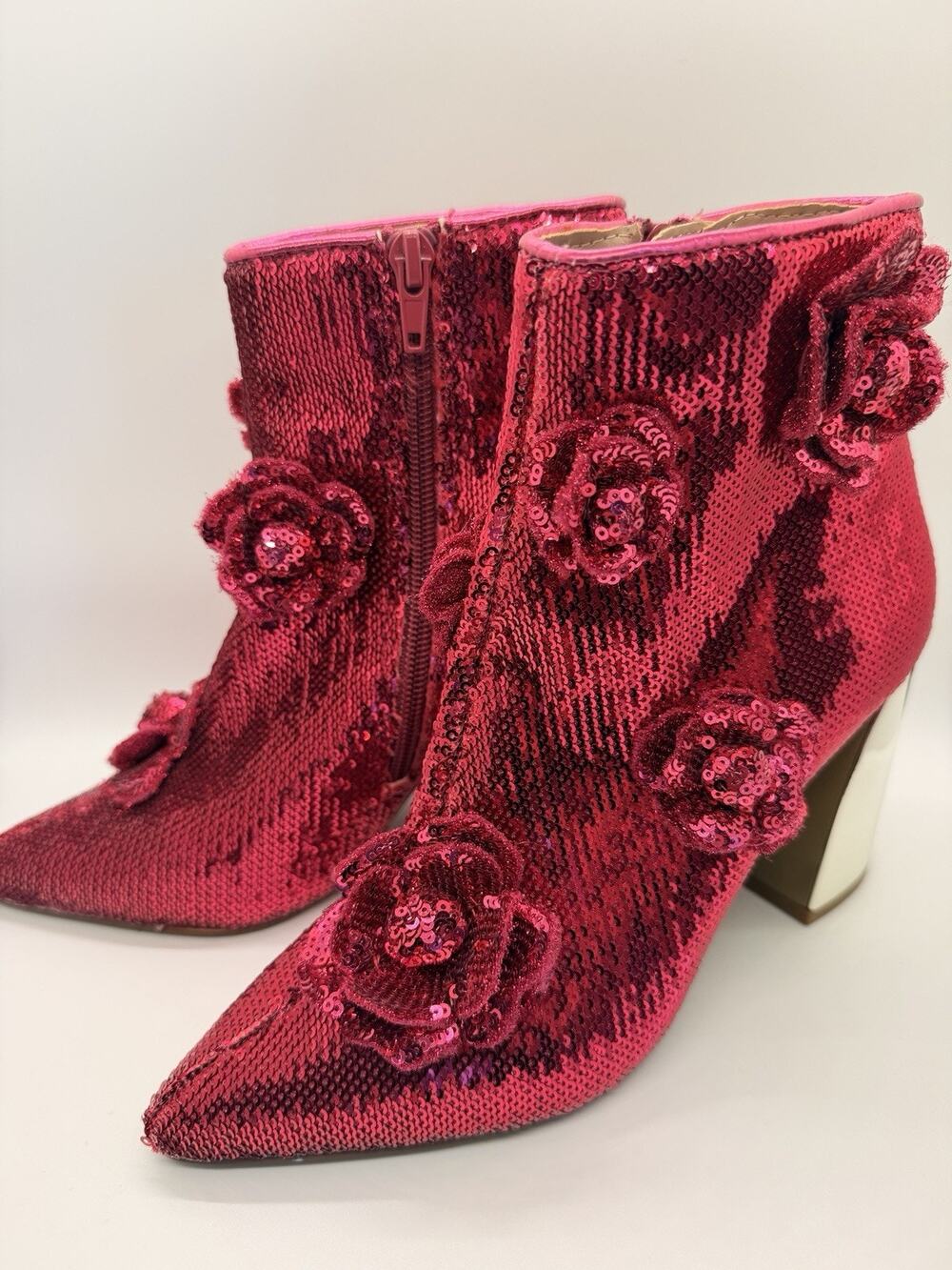 Betsey Johnson Finlee Boots Concert Pink Sequin Ankle Bootie Pointed Toe Zip 5